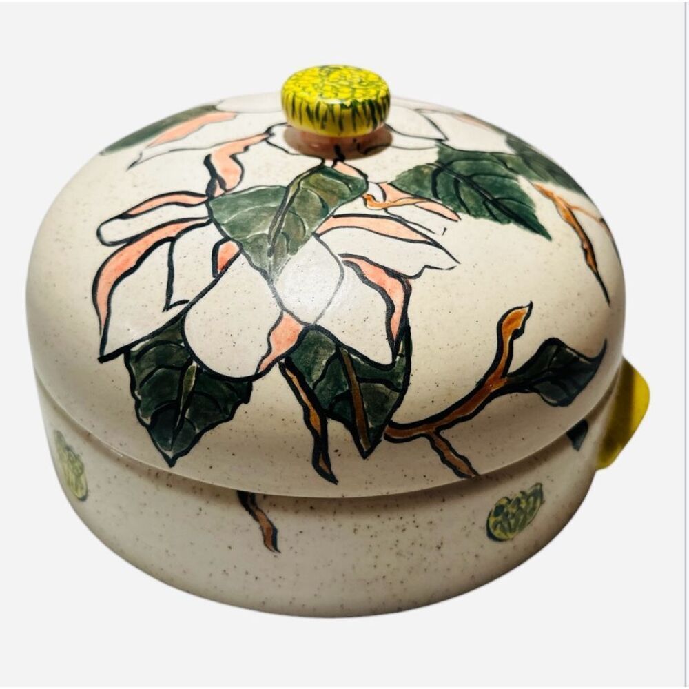 Vintage Hand Thrown Signed Art Pottery Covered Casserole Dish Magnolia Decor
